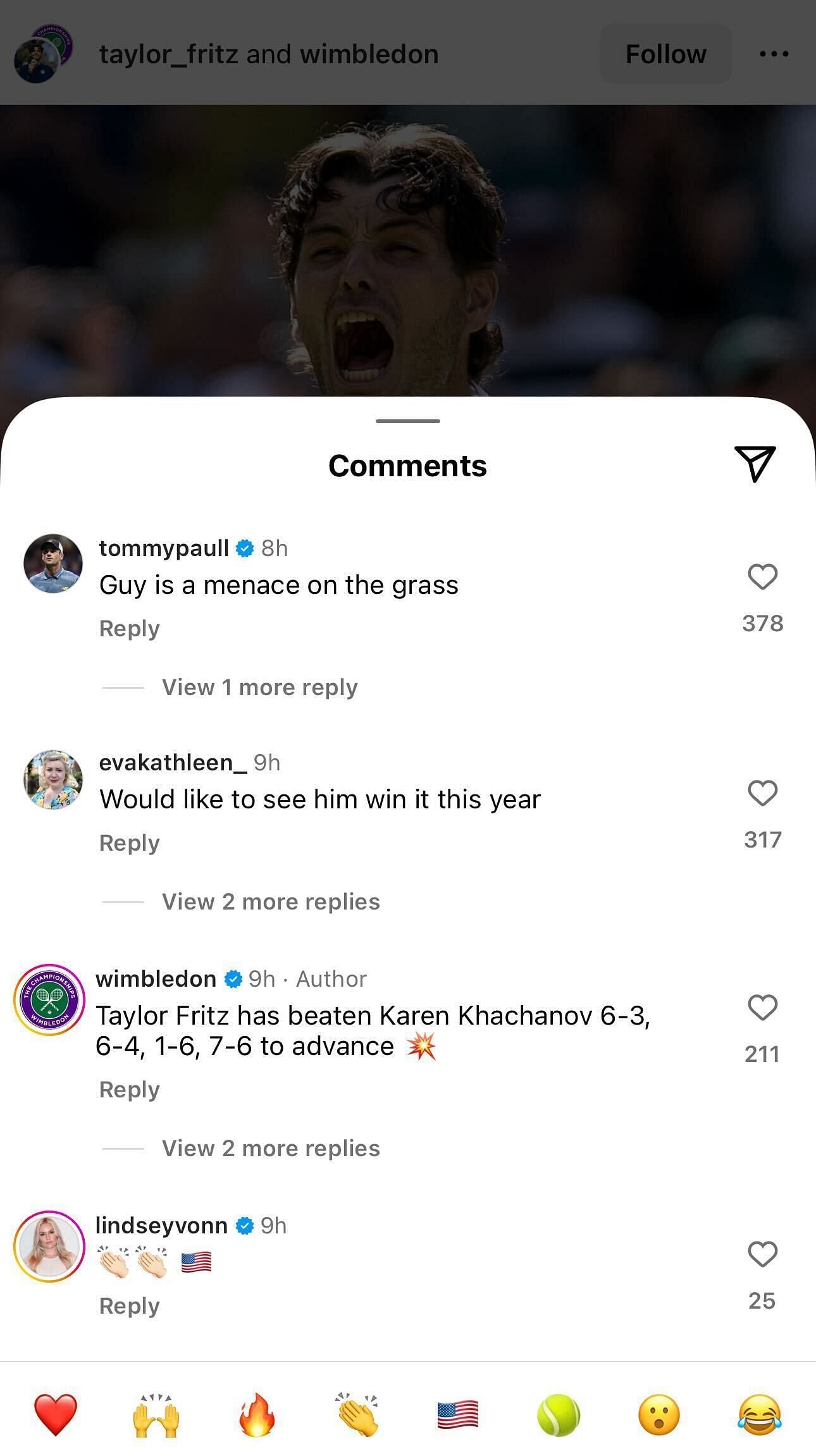 Tommy Paul's comment on Taylor Fritz's Instagram post